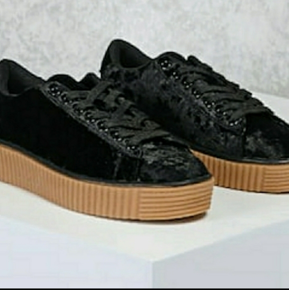 Qupid Shoes - QUPID CRUSHED VELVET LACE UP SNEAKERS
